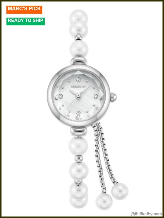 Petite 22mm Quartz Analog Wrist Watch with Adjustable Slider Clasp and Pearl